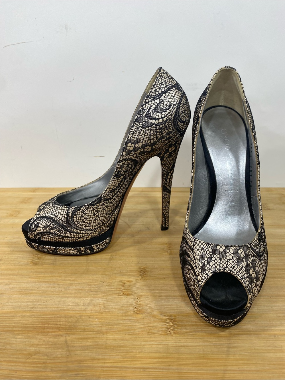 Casadei 6 B Black Lace Peep-Toe Platform Pumps high heels Italy 145mm stiletto